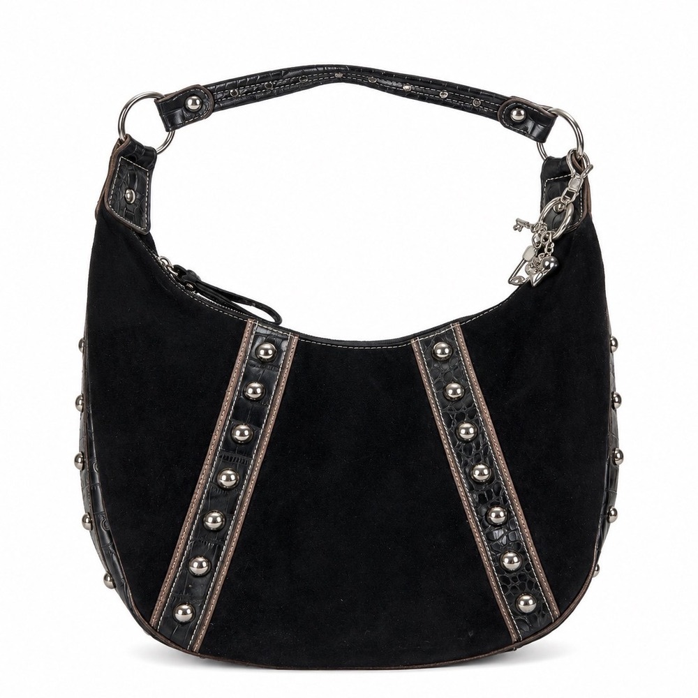 Genna De Rossi Vintage Y2K Black Suede Grunge Studded Hobo Handbag Purse
